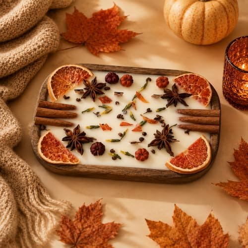 Apple Cinnamon Scented Wooden Dough Bowl Candle, 6 Wood Wicks, Fall Decor, Thanksgiving Centerpiece by FCMSHAMD