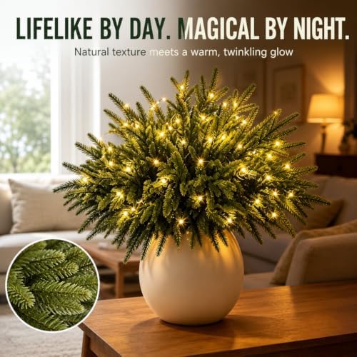 Twinkling Enchanted Evergreen Pine Tree with Lights, 5/10 Pack Lighted Artificial Pine Branches, Enchanted Evergreen Pine Decor for Christmas, Winter, Tabletop, Mantel and Vase，Pine*5 - Image 3
