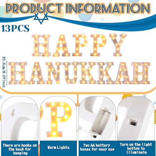 Aurelema 13 Pcs Hanukkah Decorations Happy Hanukkah LED Letter Lights Sign - Image 3