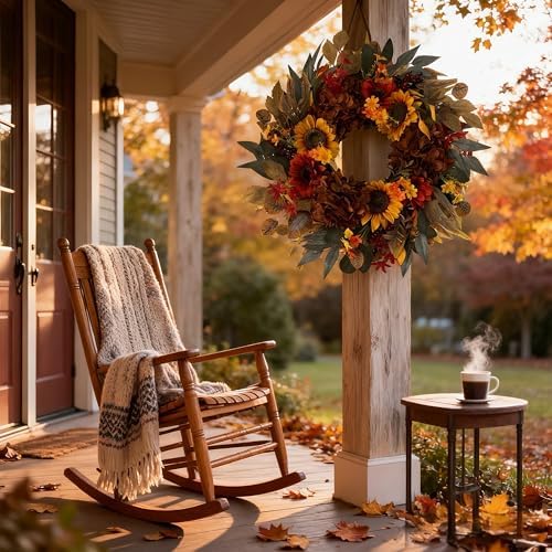 HipTree 24 Inch Fall Sunflower Hydrangea Wreath Autumn Front Door Wreath - Image 6