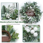 Winter Wreaths Front Door, Soomeir 24 Inch Winter Door Wreath with Snow Leaves, Pines Needles and Hello Wooden Sign for Home Window Mantle Indoor Outdoor Decor - Image 4