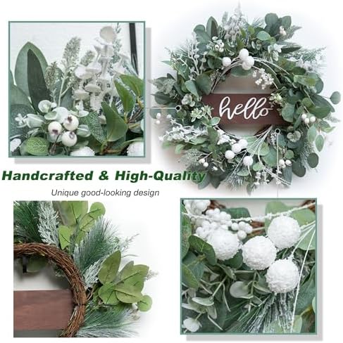 Winter Wreaths Front Door, Soomeir 24 Inch Winter Door Wreath with Snow Leaves, Pines Needles and Hello Wooden Sign for Home Window Mantle Indoor Outdoor Decor - Image 4