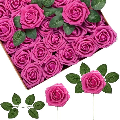 InnoGear Artificial Flowers, 50 Pcs Fuchsia Rose Foam Red-Violet Fake Roses Bulk with Stems for Decoration DIY Wedding Bouquets Centerpieces Bridal Shower Party Christmas Tree by InnoGear