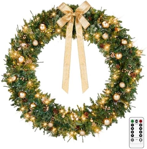VINGLI 60" Extra Large Pre Lit Christmas Wreath with 220 LED Lights by VINGLI