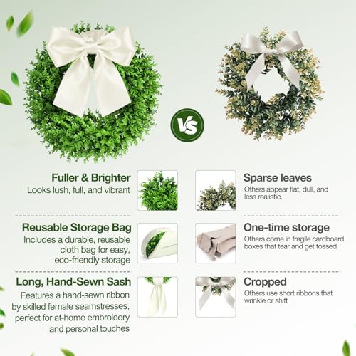 20" Boxwood Wreaths for Front Door – Boxwood Wreath with Sash - Image 5