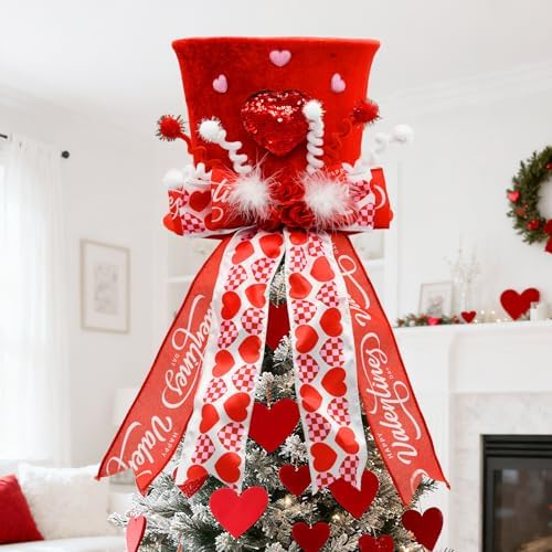 nuvagiki Valentine's Day Tree Topper Hat Decor, Valentines Day Heart Ribbon Bow Hat Decorations for Tree, Galentines Day Decorations Tree Ornaments, Valentine Velvet Heart Bow Hat, Valentines Gifts by nuvagiki