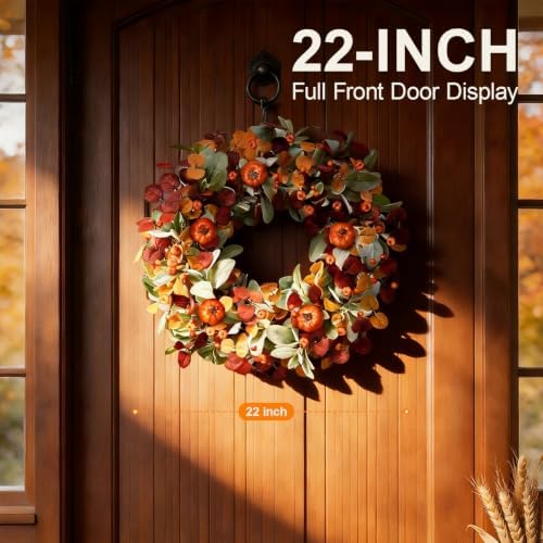 zjlmit Fall Wreath 22 Inch Fall Wreaths for Front Door Autumn Wreath with Orange Pumpkins Eucalyptus Leaves Berries Lamb Ears Leaves for Indoor Porch Wall Home Harvest Festival Thanksgiving Day Decor - Image 2