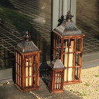 Large Farmhouse Wooden Metal Lantern Set of 3, 27''/22''/15'' H Rustic Decorative Indoor & Outdoor Hanging Candle Lanterns, Wooden Outdoor Lanterns for Patio Front Porch Table, Brown - Image 7