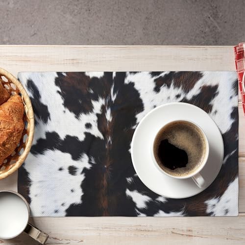 Cowhide Printed Placemats 12x18 Inch, Brown Black White Aztec Style Kitchen Dining Rustic Non-Slip Heat Resistant Table Runner 6 Pieces - Image 3