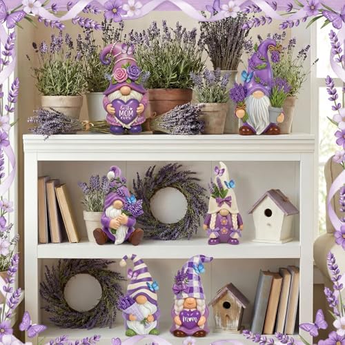 Simgoing 6 Pcs Purple Lavender Gnomes Mother's Figurines Lavender Gnomes with Best Mom Ever, Mom Resin Statues Table Decor for Mum Grandma Birthday Party Tabletop Home Centerpieces Tiered Tray Decor - Image 6