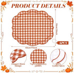 Fall Placemat Set of 6 Cotton Scalloped Gingham Placemat, Orange, 17" x 13" - Image 2