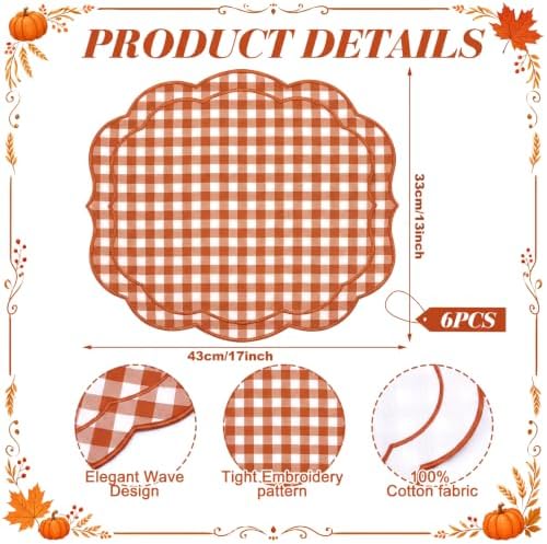 Fall Placemat Set of 6 Cotton Scalloped Gingham Placemat, Orange, 17" x 13" - Image 2