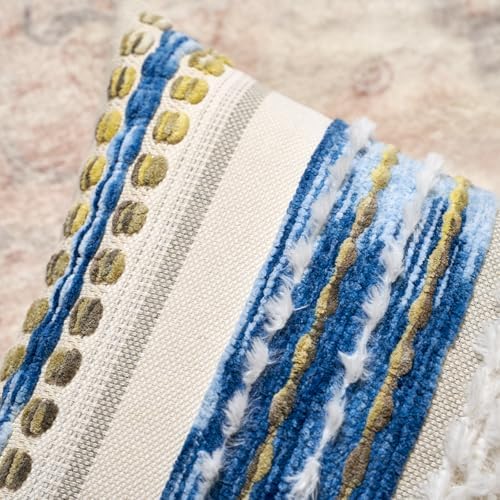 Aeckself Boho Chenille Tufted Throw Pillow Covers 18x18 Inch Set of 2, Farmhouse Decorative Striped Square Pillow Covers Accent Neutral Pillowcase for Living Room Couch Bed, Blue - Image 2