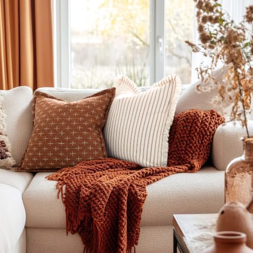 ZWJD Fall Throw Pillow Covers 22x22 Set of 2 Striped Pillow Covers with Fringe Chic Cotton Decorative Pillows Square Cushion Covers for Sofa Couch Bed Living Room Fall Decor,Rust - Image 2