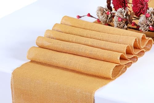 MDS® Pack of 20 Natural Burlap Table Runner, 12 x 72 Inch, Jute Rustic Farmhouse Boho Table Decor for Wedding Reception, Dining Table, Bridal Shower, Baby Shower & Party Decorations - Gold - Image 2