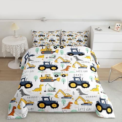 Cartoon Car Kids Comforter Set King, Excavator Tractor Bedding Set for Child Teens, Dinosaur Comforter Equipment Truck Quilted Duvet, Heavy Machinery Construction Bedding Comforter with 2 Pillowcases - Image 2