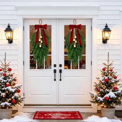 Christmas Teardrop Swag, Christmas Pine Needles Front Door Wreath,Bow Bells - Image 2