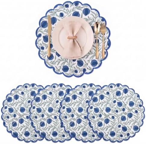 Ridhi Floral Block Print Round Placemats 15" in, Set of 4, Queen Blue by Ridhi