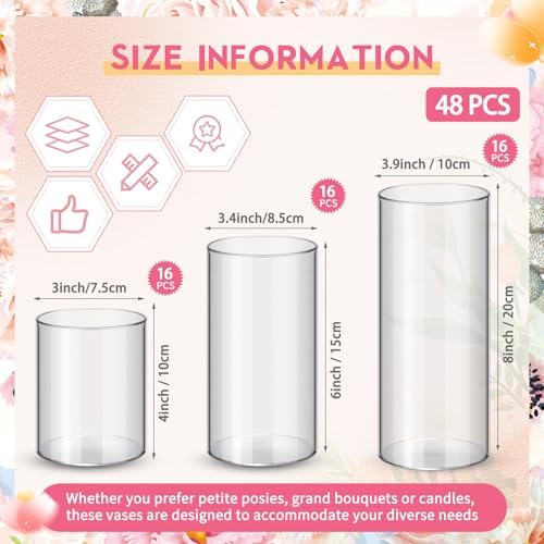 Nuogo 48 Pcs Plastic Cylinder Vases Tall Plastic Flower Vases for Centerpieces Hurricane Candle Holder for Home Wedding Office Party Formal Dinners Decorations (4''/6''/8'') - Image 2