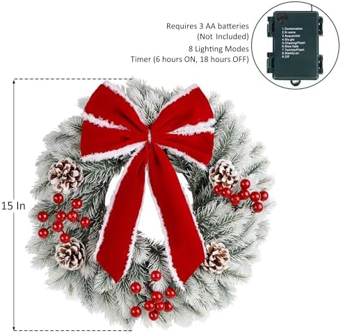 ATDAWN 2 Pcs Christmas Wreath, 15 Inch Outdoor Lighted Wreath for Front Door, Xmas Holiday Party Decorations - Image 2