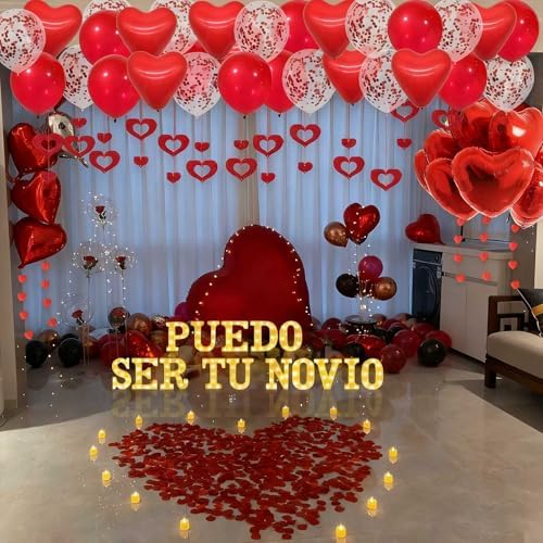 Puedo Ser Tu Novio Light Up Letters Proposal Decorations, 15Pcs 6.3" Letter Signs, 24Pcs Flameless Candles 2000Pcs Red Artificial Rose Petals 40Pcs Latex Balloons 10Pcs Heart Balloon Valentine's Day - Image 4