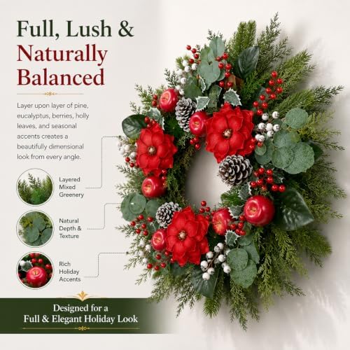 28 Inch Christmas Wreath for Front Door, Red Apples, Magnolia Winter Wreath - Image 4
