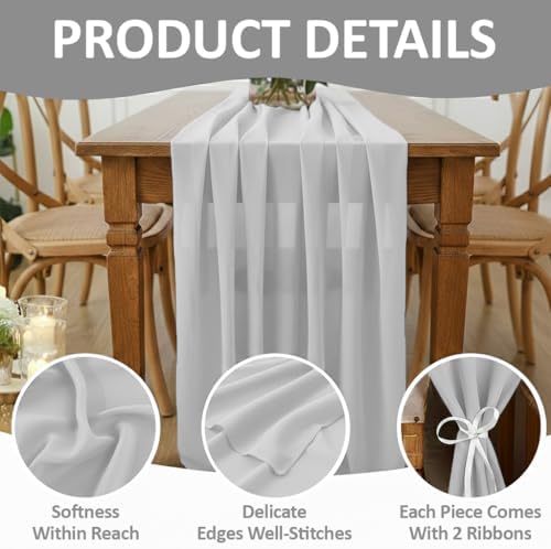MDS Pack of 25 | Grey | 10ft Chiffon Table Runner 29x120 Inches Long Romantic Rustic Sheer Gauze Runner for Wedding Bridal Shower Birthday Banquets Engagement Spring Easter Boho Decorations - Image 5