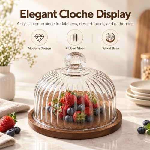 Glass Pumpkin Cloche with Wood Base, Decorative Glass Display Dome Tray - Image 3