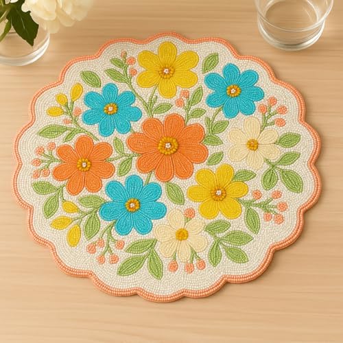 Set of 2 Handmade Beaded Floral Placemat, 14x14 Inch Round Decorative Table Mat for Dining, Spring and Summer Table Decor, Multicolored Beaded Tableware for Weddings, Holidays. - Image 2