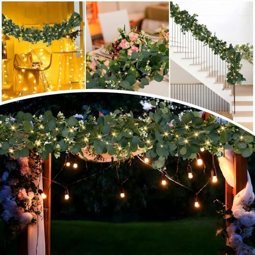 Eucalyptus Garland with Lights, 4 Packs 6FT Green Flower Garland Decor, Artificial Faux Eucalyptus Leaves Greenery Vines for Table Runner Wedding Centerpieces Backdrop Decorations (Warm Color) - Image 6