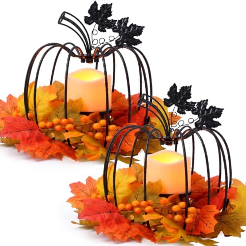 2 Pcs Fall Metal Pumpkin Candle Holder Decor with LED, 11.5 in, Black by Retisee