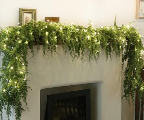 MISSPIN 6ft Christmas Garland with Lights, Real Touch Cedar Pine Garland, Green Artificial Greenery Garland for Table, Mantle, Wall, Indoor, Outdoor Christmas Decorations by MISSPINWEDDING