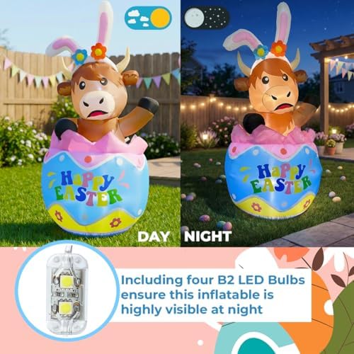 5FT Easter Inflatable Highland Cow with Egg Decorations Built-in LED Lighted Blow Up Decoration Home Yard Outdoor Indoor Garden Lawn Decor - Image 4