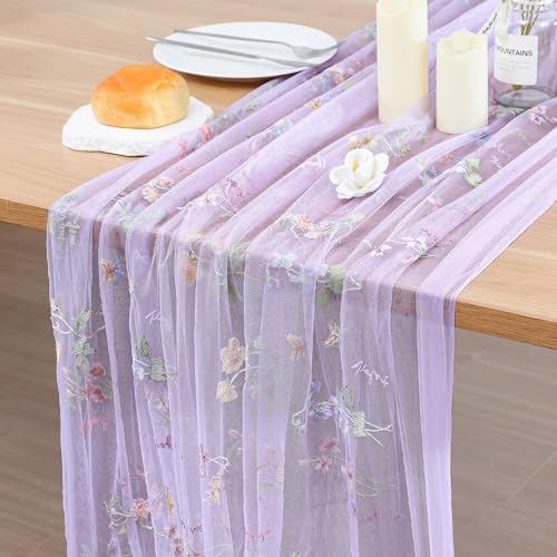 BINBE 6pcs Purple Florals Table Runner Embroidery Gauze 10FT Daisy Seasonal Tulle Birthday Wedding Holiday Kitchen Dining Table Decor for Home Party by BINBE