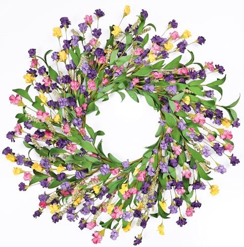 24" Spring Wreaths for Front Door Not Withering Artificial Floral Wreath with Wildflowers Summer Decorations for Indoor Outdoor Window Wall Farmhouse Porch Easter Home Decor Purple Pink Yellow by MSMUH