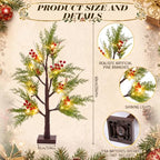 Baquler 2 Pcs Christmas Lighted Birch Trees 24 in, LED Pine Red Berry Decor - Image 2