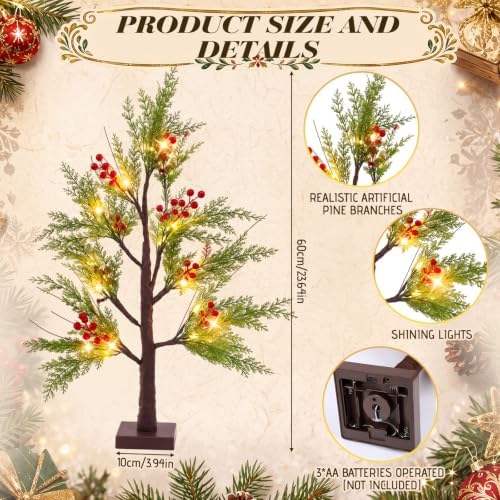 Baquler 2 Pcs Christmas Lighted Birch Trees 24 in, LED Pine Red Berry Decor - Image 2