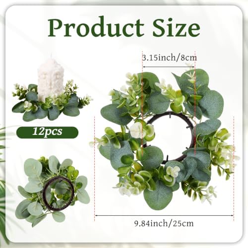 12 Pcs Candle Rings Wreaths Artificial Eucalyptus Garland Greenery Leaves Floral Candle Rings for Pillar Holder Wedding Table Centerpiece Home Decor - Image 2