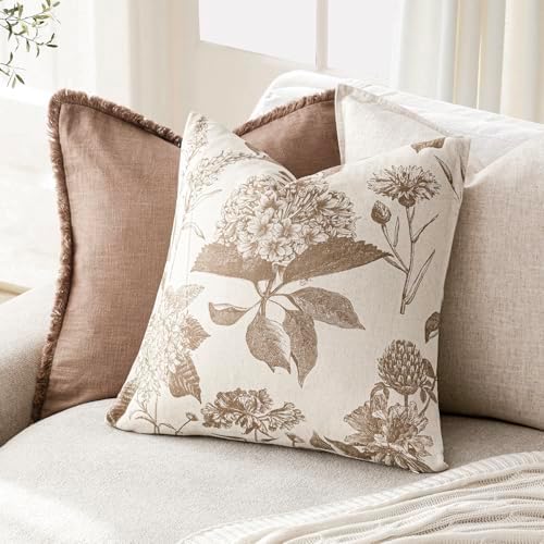 Foindtower Set of 2 Linen Floral Throw Pillow Covers Vintage Accent Print Decorative Cushion Covers Farmhouse Boho Home Decor for Sofa Chair Couch Bedroom Living Room,20×20 Inch,Light Brown - Image 4