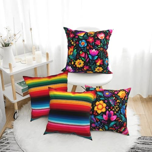 Mexico Flowers Throw Pillow Covers 18 X 18 Inch Set of 4 Decorative Cushion Cover Home Decor for Sofa Chair Couch Bedroom Living Room - Image 2