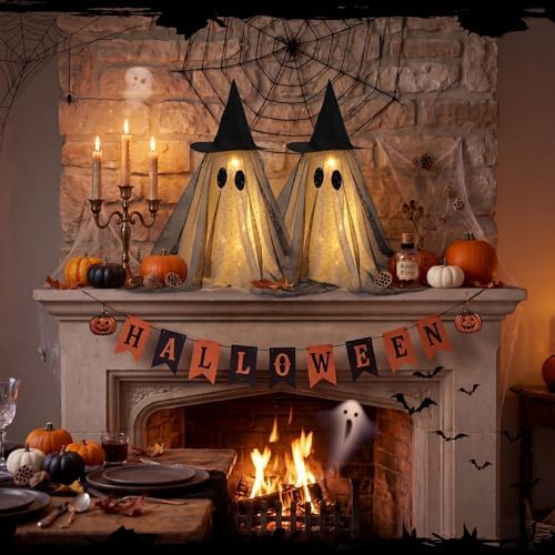 SiliFine 2 Pack Halloween Light up Ghost Decorations with Witch Hats, Black - Image 4