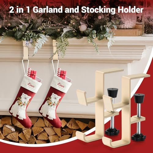 5 Pack Christmas Stocking and Garland Holders with 2 Hooks, Mantle Garland Holder for Hanging Christmas Stockings, Adjustable Fireplace Garland Holder & Stocking Hanger, Max 2.1" Thick Mantle - Beige - Image 4