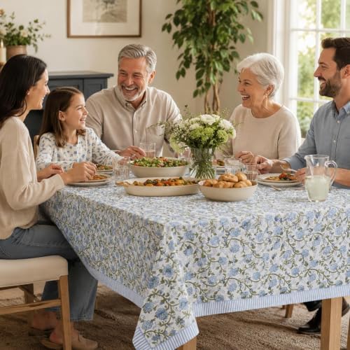 Hand Block Print Square Tablecloth Hibiscus Blue Vine 60 * 60 inch Reusable Table Cover Decorative Everyday Use for Dining Room, Farmhouse, Home Gift for Spring, Summer - Image 2