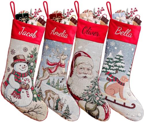 4 Pack Personalized Christmas Stockings, 18" Large Custom Embroidered Name Vintage Woven Stockings, Jacquard Reindeer,Snowman,Santa & Dog Designs, Family Holiday Fireplace Mantel Decor for Kids Adults by Tarwanear