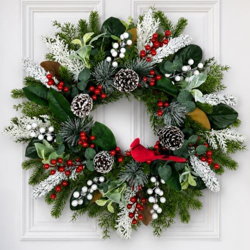 Christmas Wreath for Front Door, 28" Cardinal Winter Wreath with Berries by WEYANZE