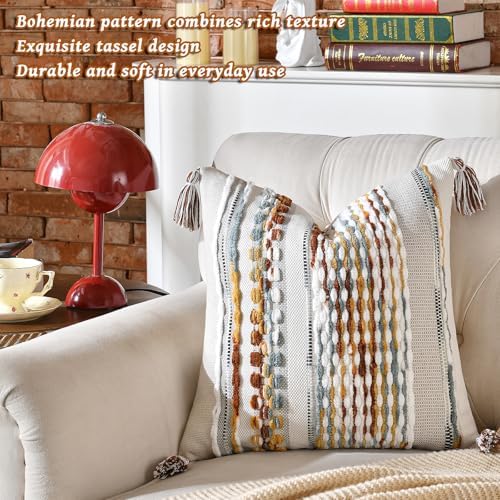 AmHoo Set of 2 Chenille Striped Textured Boho Throw Pillow Covers Aesthetic with Tassels Woven Decorative Pillow Case for Couch Bed Sofa Bedroom Modern Funky 18 x 18-Inch Brown - Image 4
