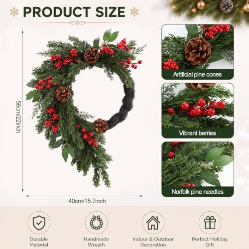 22'' Christmas Wreath for Front Door Large Door Wreath, Rustic - Image 2