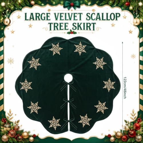 Hollowfly Dark Green Velvet Christmas Tree Skirt with Sequin Snowflake 48'' - Image 2