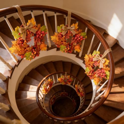 6 Pcs Small Fall Hanging Wreaths with Artificial Autumn Maple Oak Leaves Red Orange Berry Clusters Mini Cabinet Wreath for Home Table Centerpieces Kitchen Farmhouse Thanksgiving Party Decor - Image 6