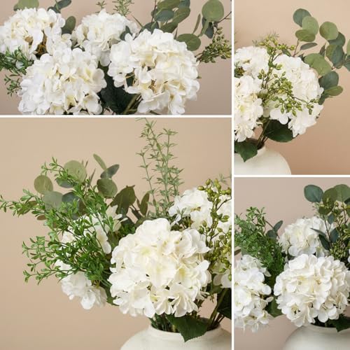 Faux Arrangement - Eucalyptus & White Hydrangea Flowers, Large Artificial Floral Greenery Centerpieces for Tables, Modern Farmhouse Decor for Dining Room, Kitchen & Coffee Table, 30 inches Tall - Image 4